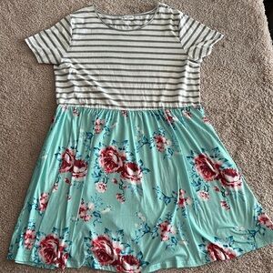Mixed Media Striped Short Sleeve Mini Dress with Floral Print Skirt